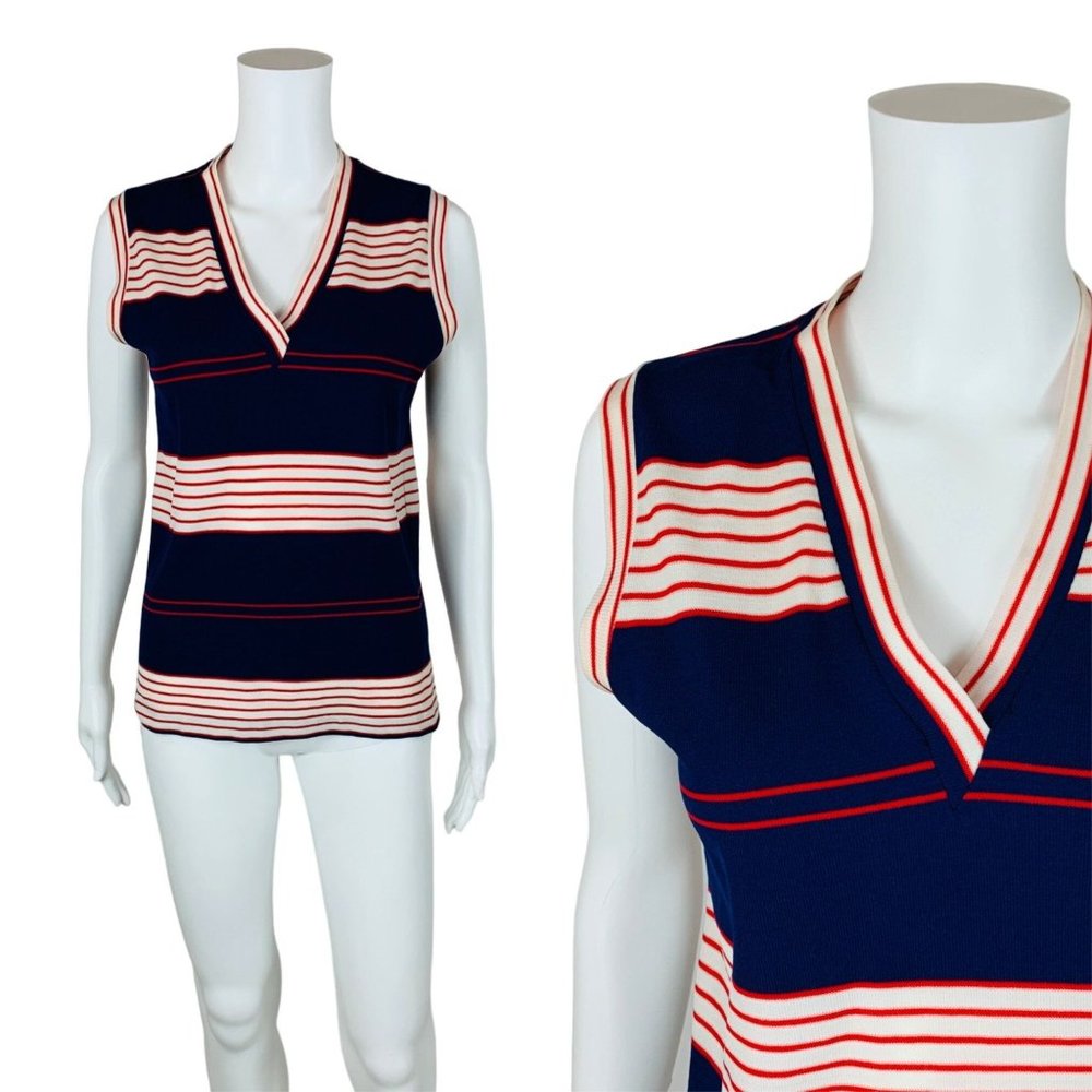 Vintage 70s Blue Red Striped Tank Nylon V-Neck Patriotic Sleeveless Top B 36"